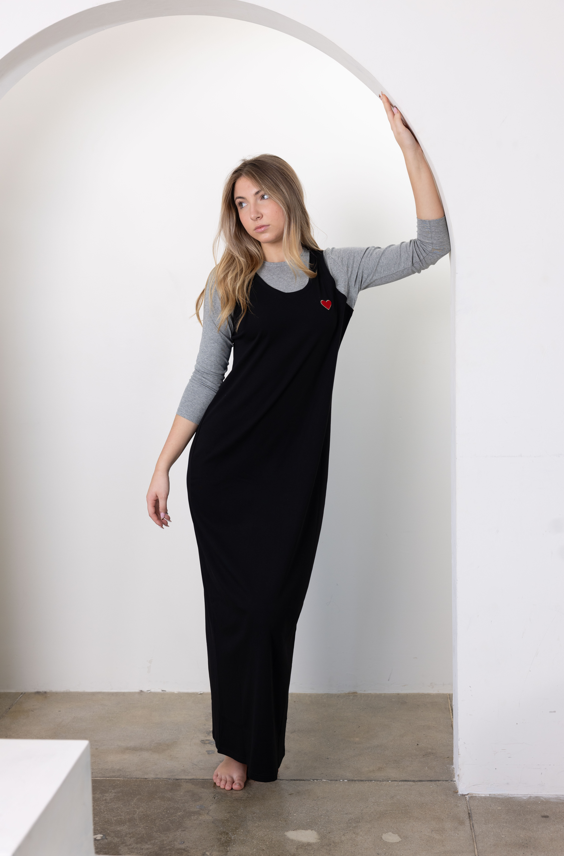 Floor-length teen nightgown, black front with gray raglan sleeves and red chest logo