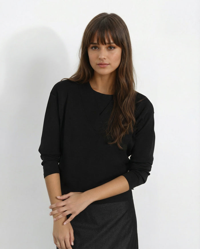 Black dolman V-neck top with 3/4-length sleeves and relaxed fit