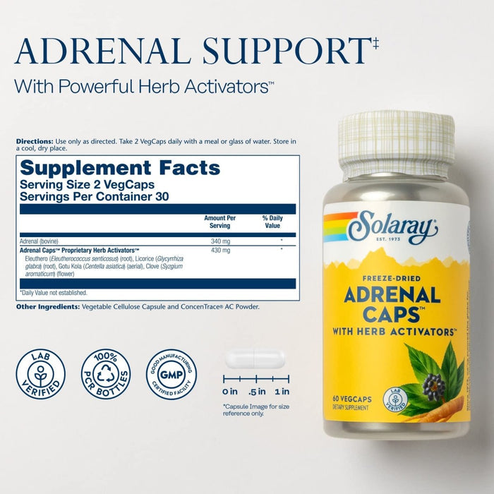SOLARAY Adrenal Caps Freeze Dried, Veg Cap (Btl - Plastic) 170mg 60ct - The Oasis of Health