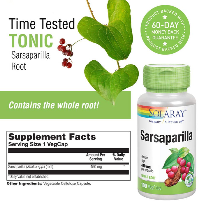 SOLARAY Sarsaparilla Root, Veg Cap (Btl - Plastic) 450mg 100ct - The Oasis of Health