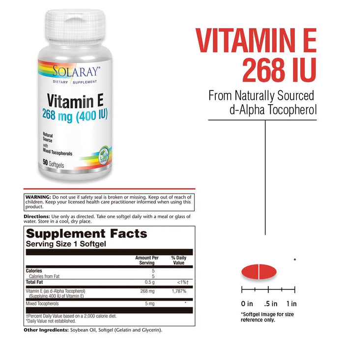 SOLARAY Vitamin E d - Alpha Tocopherol 268mg (400 IU) | Heart & Skin Health, Antioxidant Activity Support (50 CT) - The Oasis of Health
