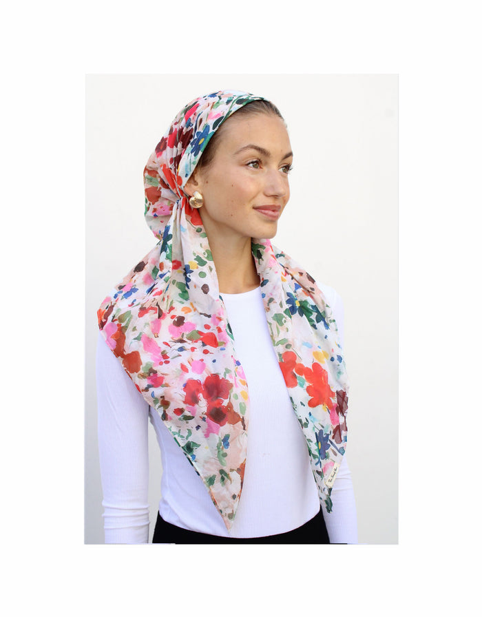 Colorful splatter-flower pre-tied headscarf with multicolor floral pattern and draped fit