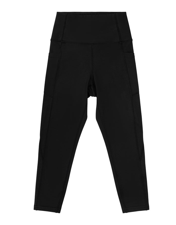 Black long swim leggings with wide waistband and straight ankle-length legs