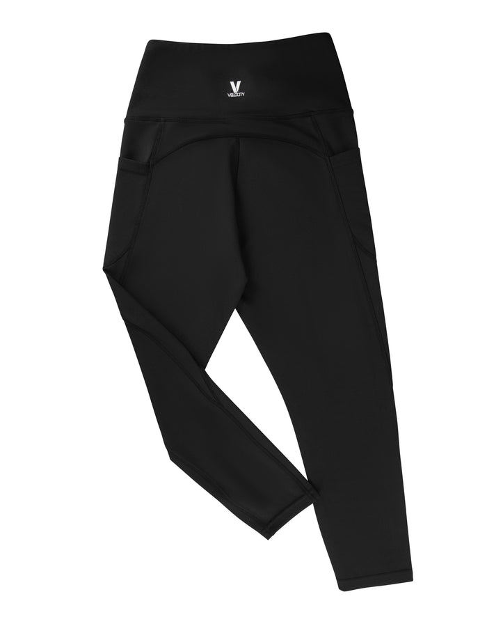 Black long swim leggings with high waistband and small center logo detail