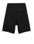 Black swim shorts with elastic waistband and side panel stitching