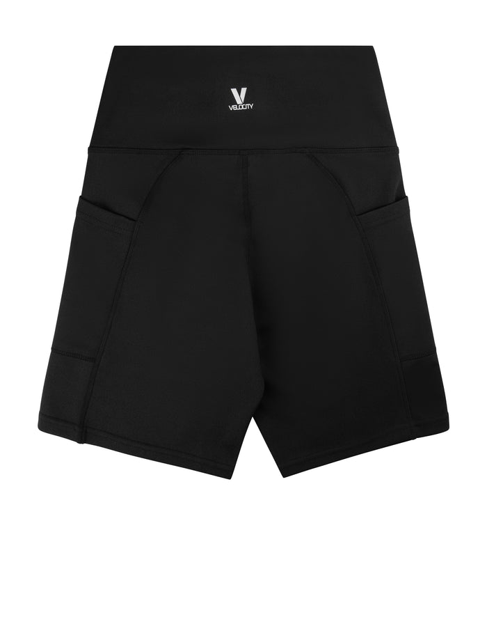 Black swim shorts with small front logo and curved waistband seam