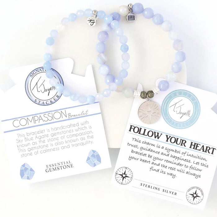 Stack Set- Sky Blue Agate with Follow Your Heart Sterling Silver Charm Bracelet and Sky Blue Agate Stacker
