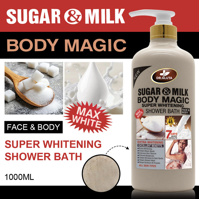 Gel douche exfoliant blanchissant anti-âge Sugar&Milk pour soin de la peau, en flacon blanc avec texture crémeuse.