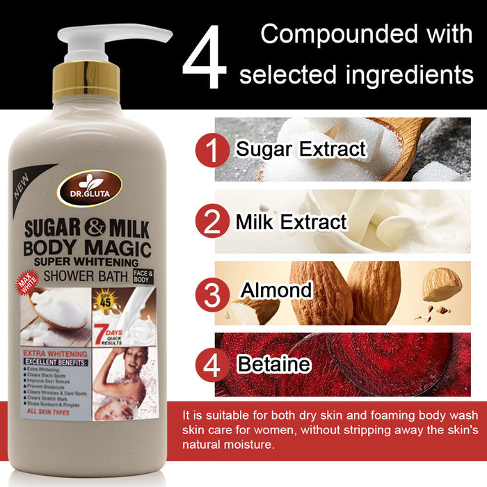 Gel douche Sugar&Milk pour peau blanche, anti-âge, exfoliant et soin corporel, dans un flacon élégant.