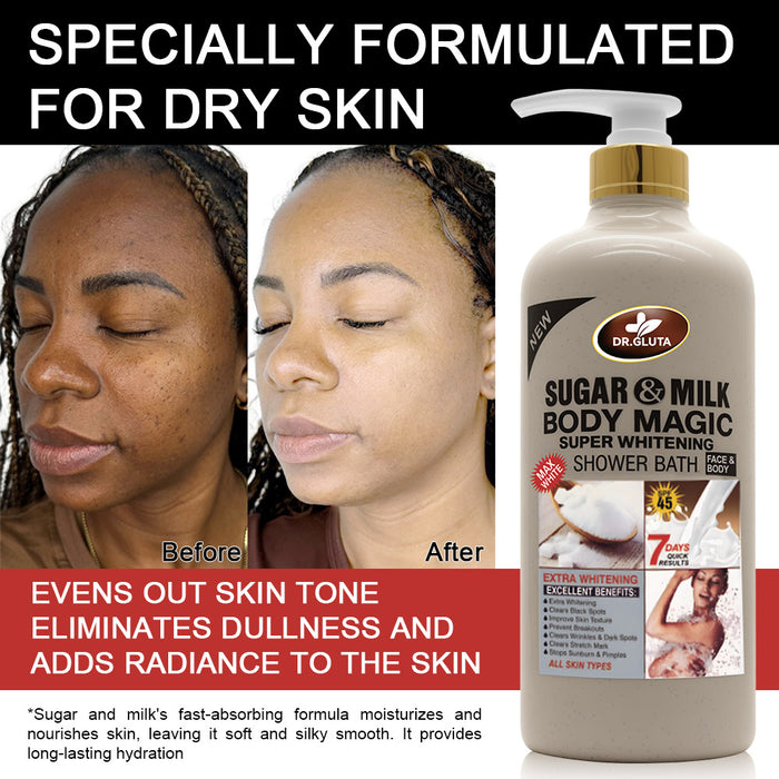 Gel douche Sugar&Milk pour whitening, anti-âge, exfoliation, soin de la peau, bain nettoyant, texture crémeuse.