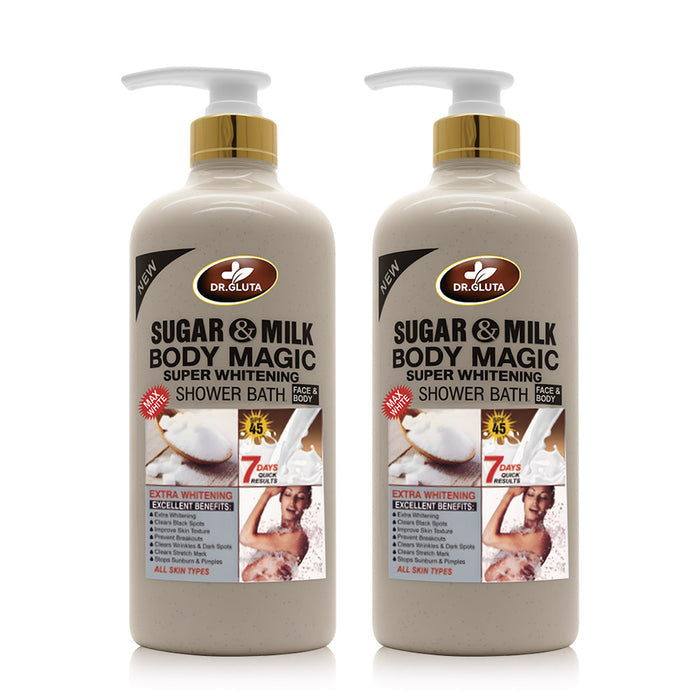 Gel douche Sugar& Milk pour peau blanche, anti-âge, exfoliant et soin corporel, bouteille blanche avec étiquette.