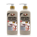 Gel douche Sugar& Milk pour peau blanche, anti-âge, exfoliant et soin corporel, bouteille blanche avec étiquette.