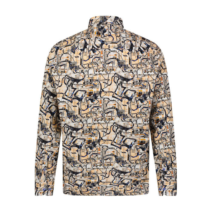 Tan, Blue, and Orange Abstract Print Long Sleeve Shirt