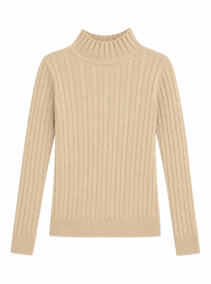 Tan cable knit mock turtleneck sweater for toddlers, kids and preteens.