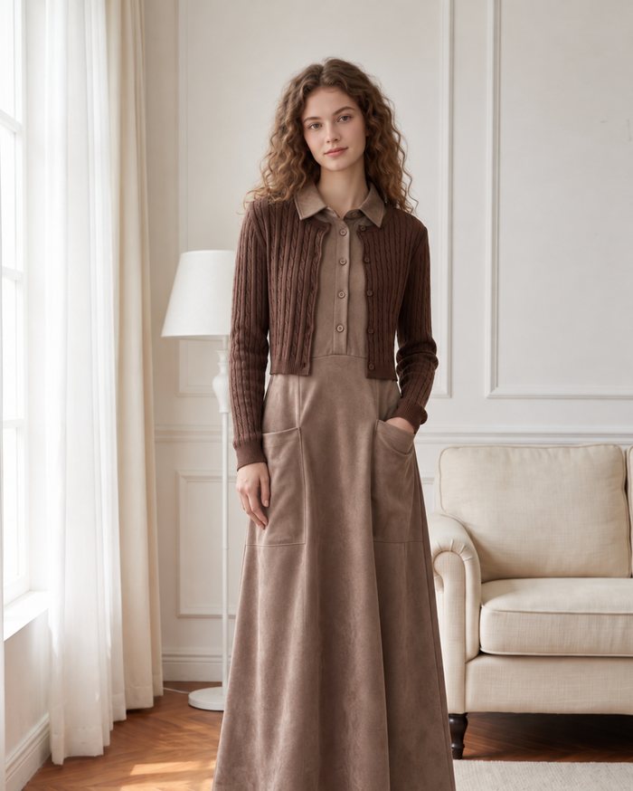 Taupe suede pocket jumper maxi dress with buttoned collar and long skirt