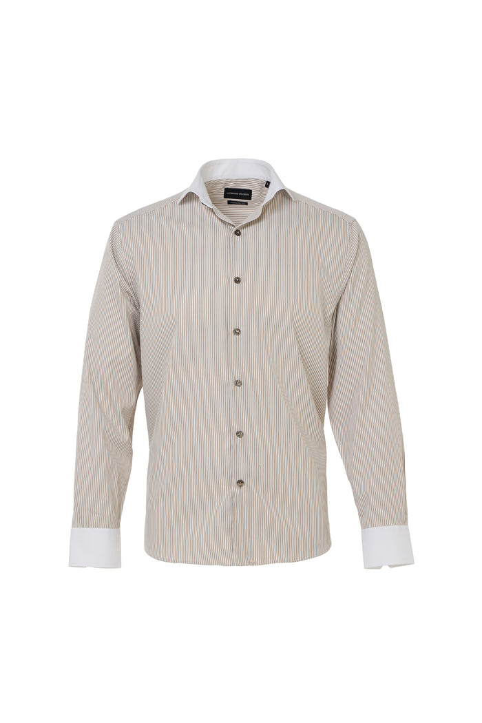 Taupe & White Awning Stripe Button Down Shirt