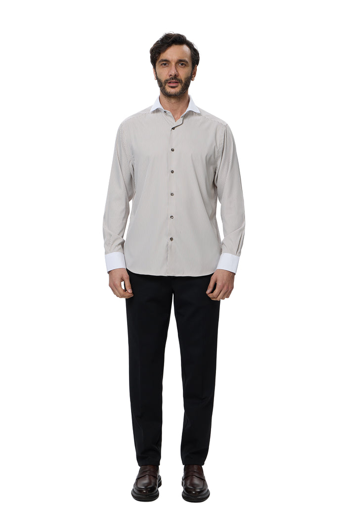 Taupe & White Awning Stripe Button Down Shirt