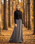 Maxi dress set with gray tweed skirt, black knit top and matching black button down cardigan.