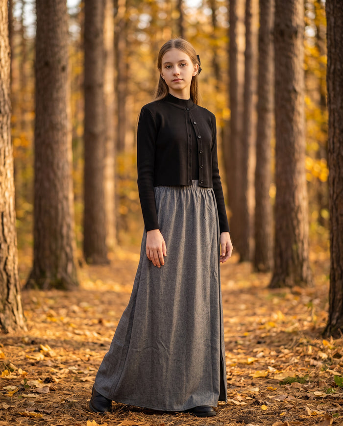 Maxi dress set with gray tweed skirt, black knit top and matching black button down cardigan.