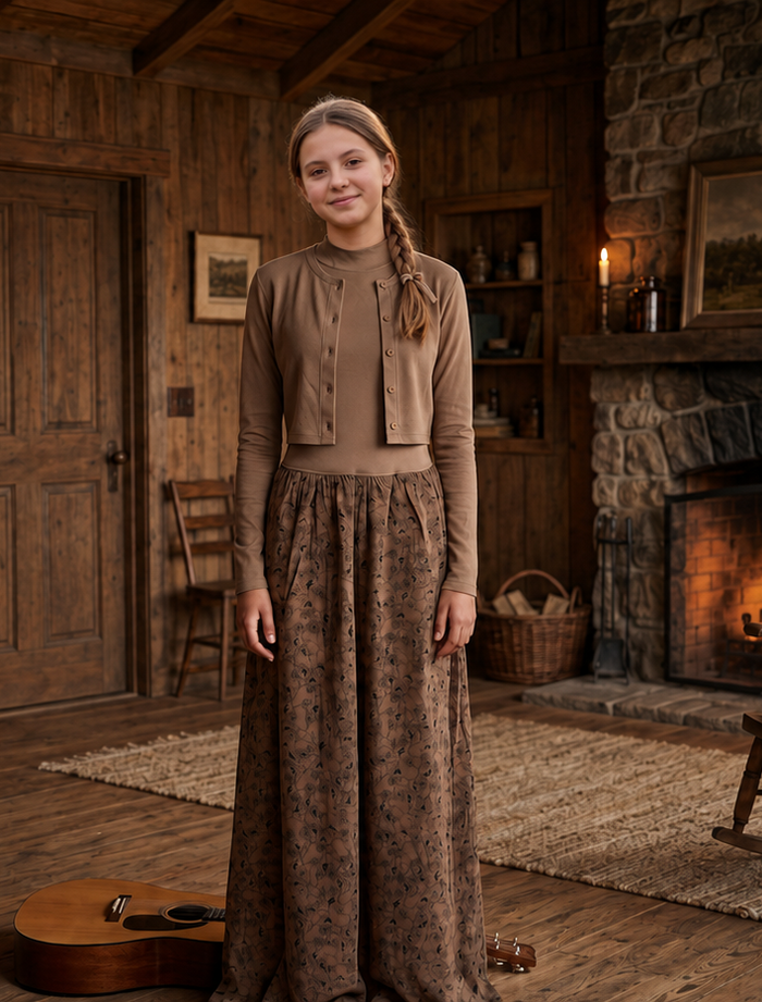 Brown floral maxi dress with matching button-front cardigan, long sleeves