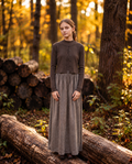 Brown maxi dress set with tweed skirt, brown knit top and matching brown button down cardigan.