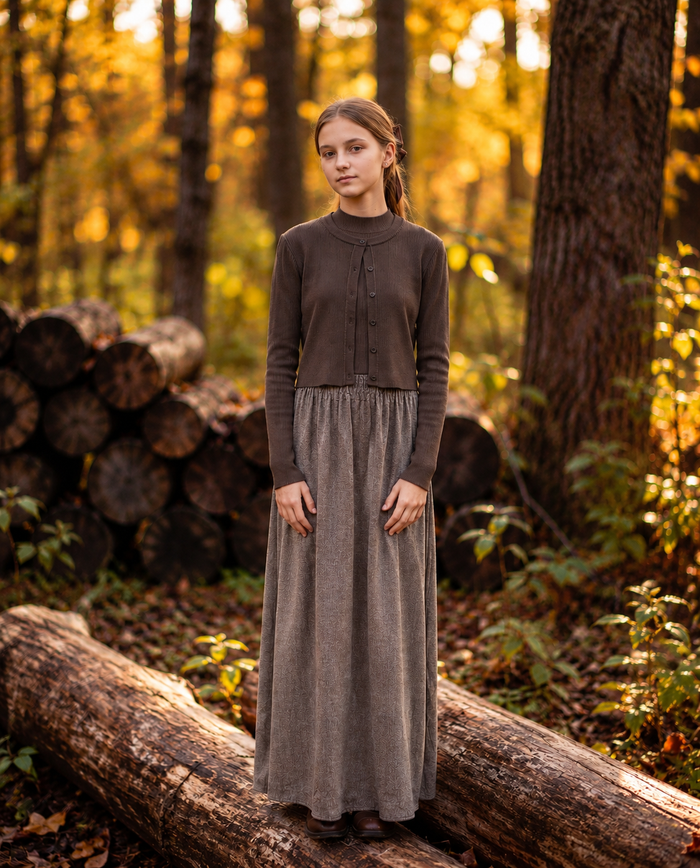 Brown maxi dress set with tweed skirt, brown knit top and matching brown button down cardigan.