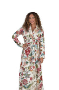 Long belted terry wrap bathrobe, colorful floral print, front view