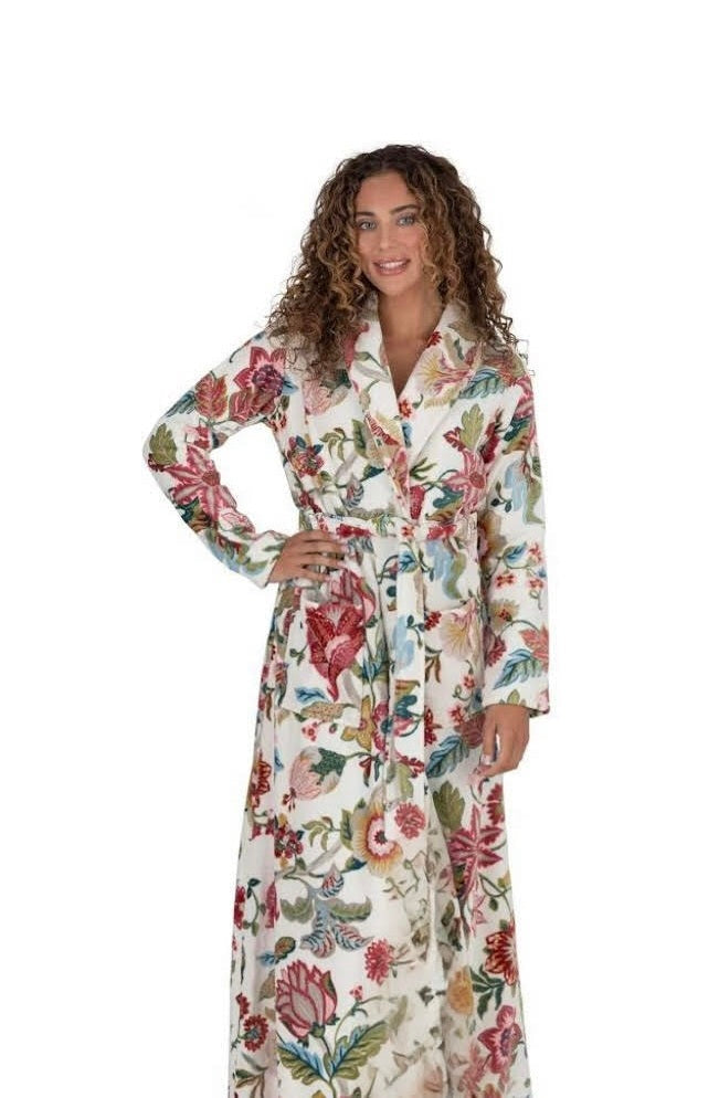 Long belted terry wrap bathrobe, colorful floral print, front view
