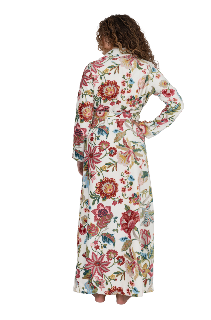 Long belted terry wrap bathrobe, floral print, back view