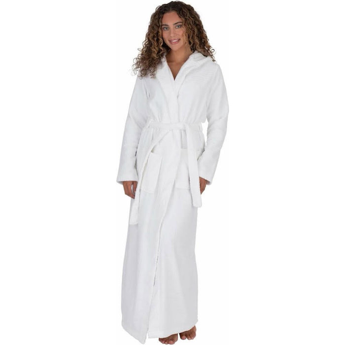 White terry wrap bathrobe with hood, long sleeves, and waist belt