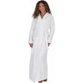 White terry wrap bathrobe with hood, long sleeves, and waist belt