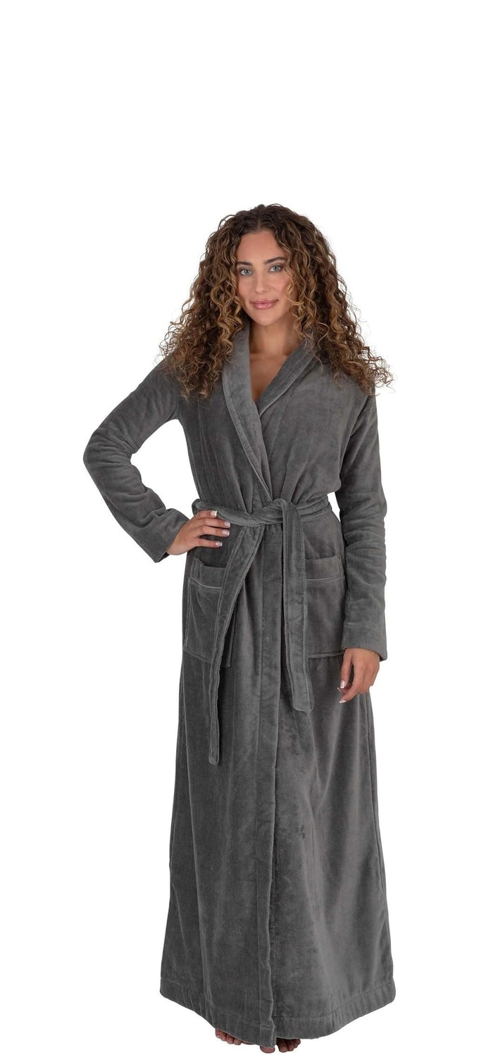 Gray terry wrap long bathrobe with tied belt and piped trim, front view