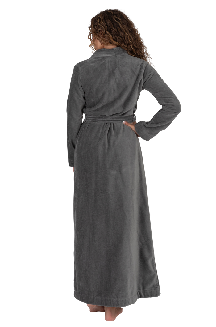 Gray terry wrap long bathrobe with tied belt and piped trim, back view