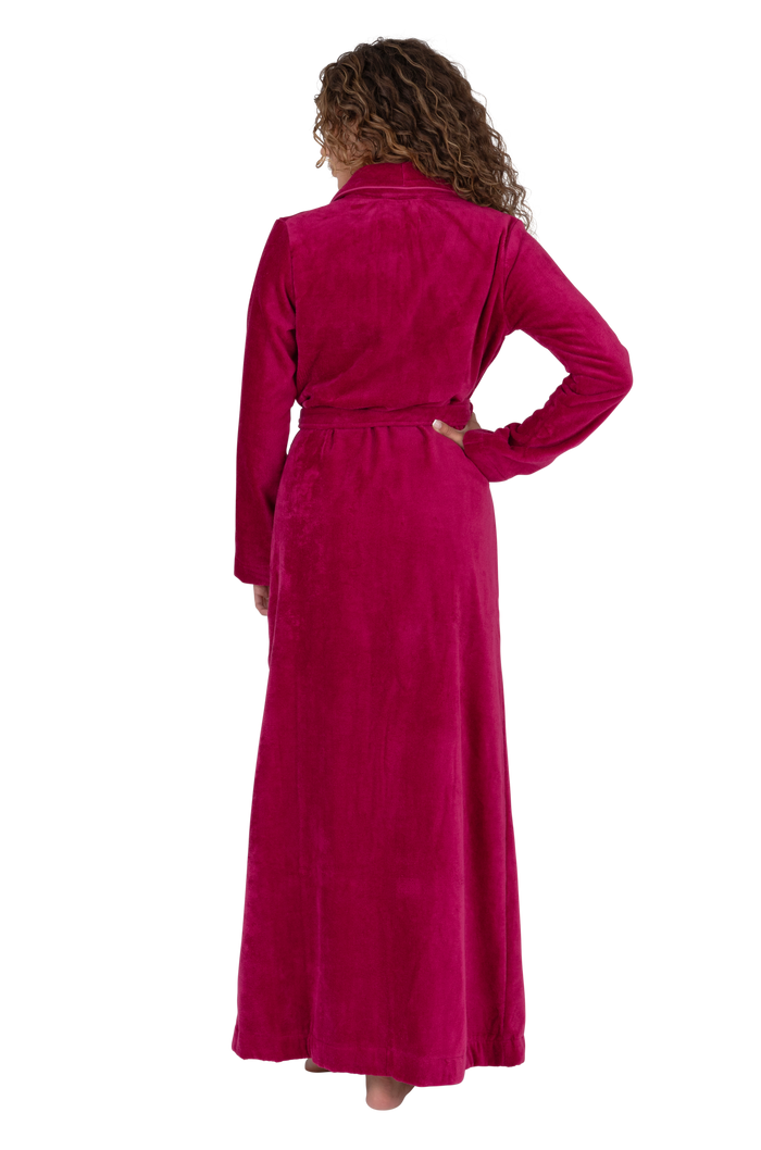 Long belted terry bathrobe, raspberry, back view with piped trim and waist tie