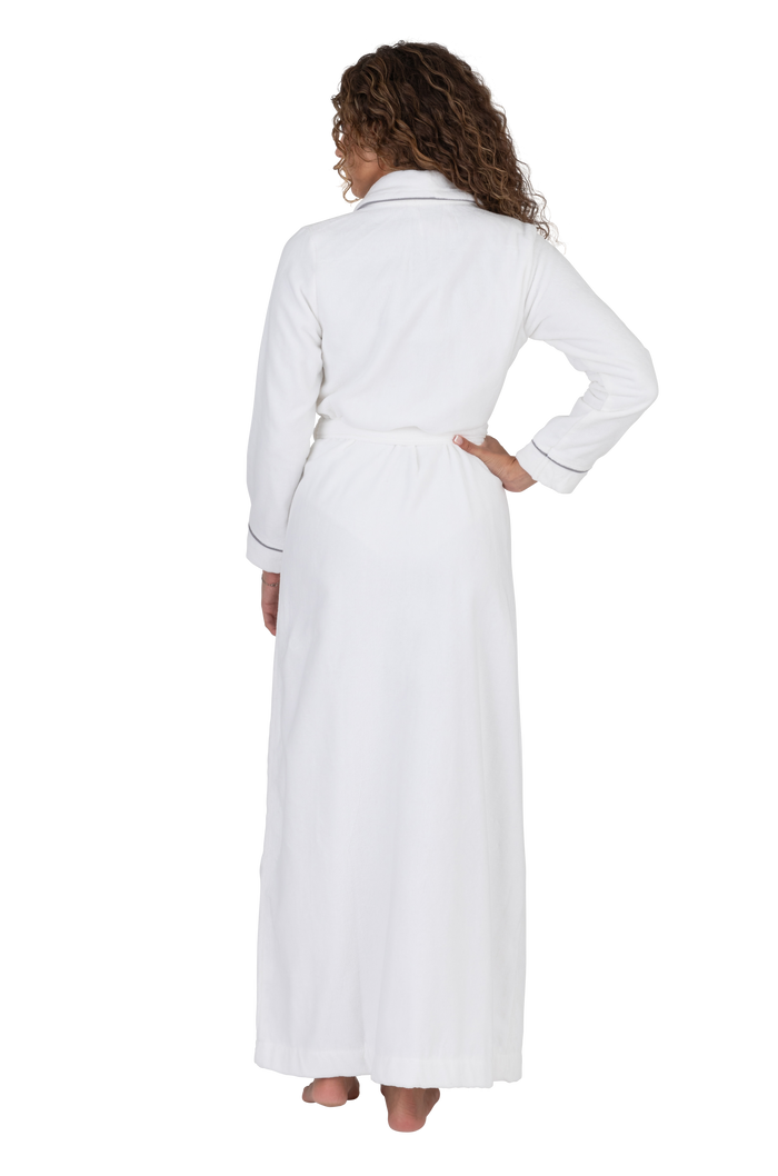 Long belted bathrobe with piped trim, white, back view with waist tie