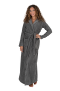 Gray terry wrap bathrobe with hood, geometric pattern, and waist belt, long sleeves