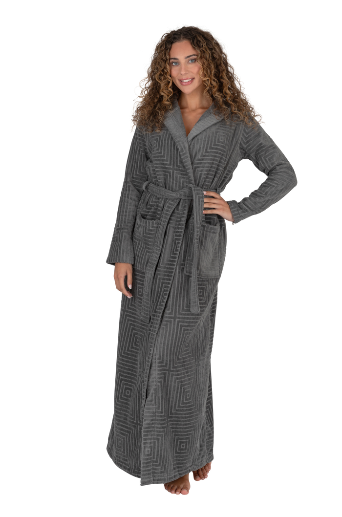 Gray terry wrap bathrobe with hood, geometric pattern, and waist belt, long sleeves