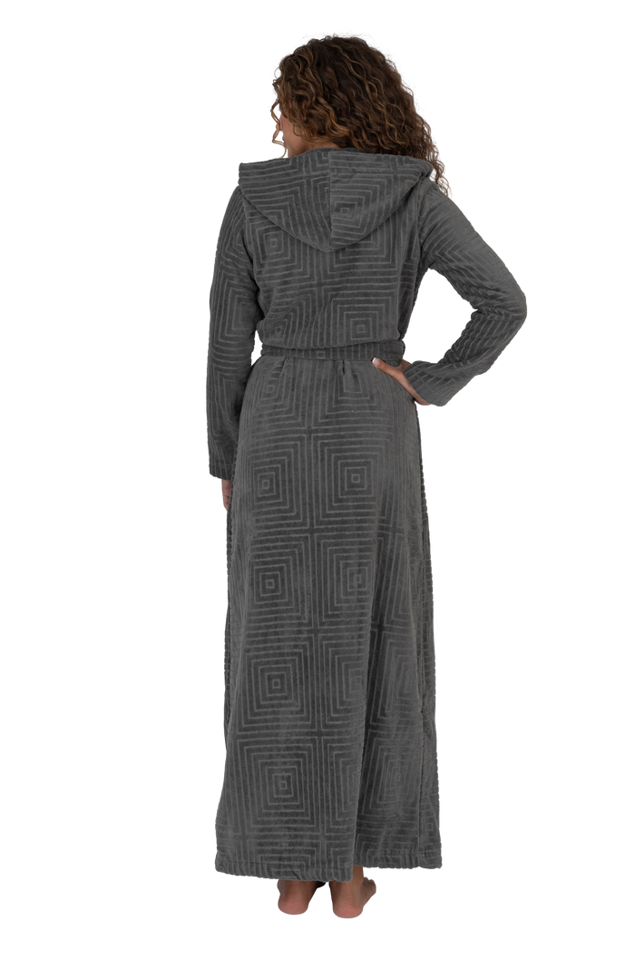 Gray terry wrap bathrobe with hood, geometric pattern, and waist belt, shown from back