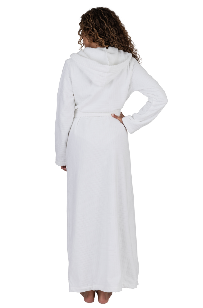 White long terry wrap bathrobe with hood and tied waist belt, back view