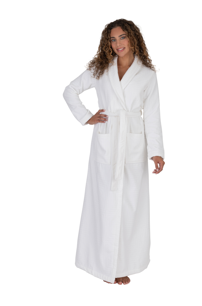 White long wrap bathrobe with shawl collar, belt tie, long sleeves, subtle geometric texture
