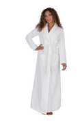 White long wrap bathrobe with shawl collar, belt tie, long sleeves, subtle geometric texture