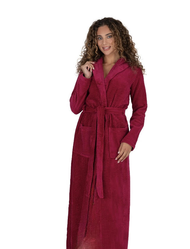 Raspberry long waffle-textured bathrobe with hood and tie belt, front view