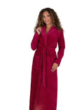 Raspberry long waffle-textured bathrobe with hood and tie belt, front view
