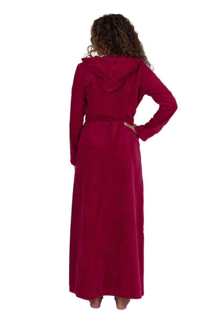 Raspberry long waffle bathrobe with hood and tie belt, back view