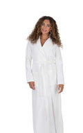 White waffle-textured long bathrobe with hood, belted waist, front patch pockets