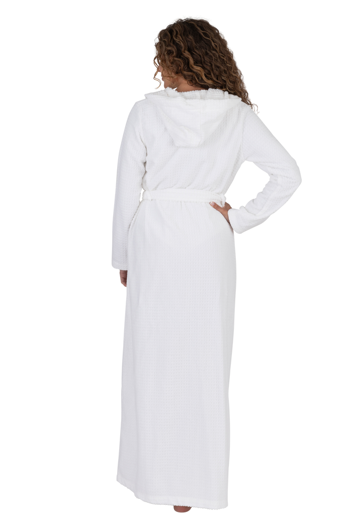 White waffle-textured long bathrobe with hood and tied belt, full back view
