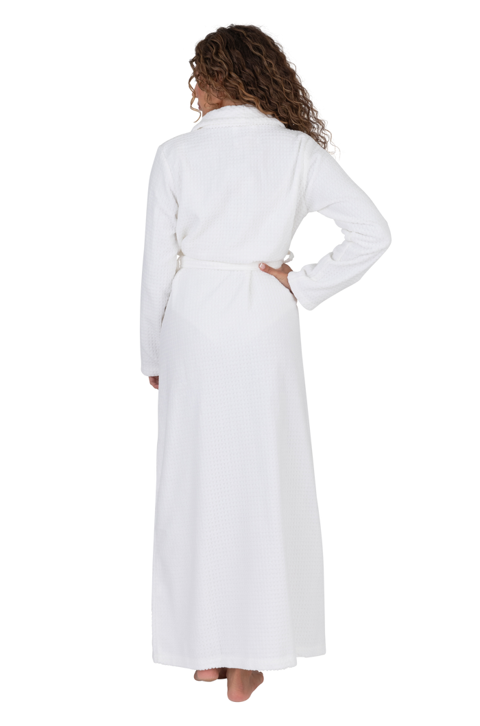 Long white waffle-textured bathrobe with wrap belt at back, long sleeves, textured fabric