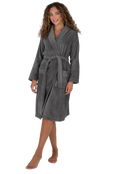 Gray terry wrap short bathrobe with belt and shawl collar, front view
