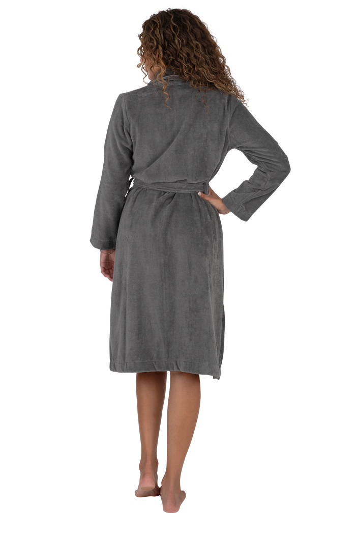 Gray terry wrap short bathrobe with belt, back view