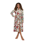 Floral terry wrap bathrobe with tie belt, short belted silhouette, long sleeves
